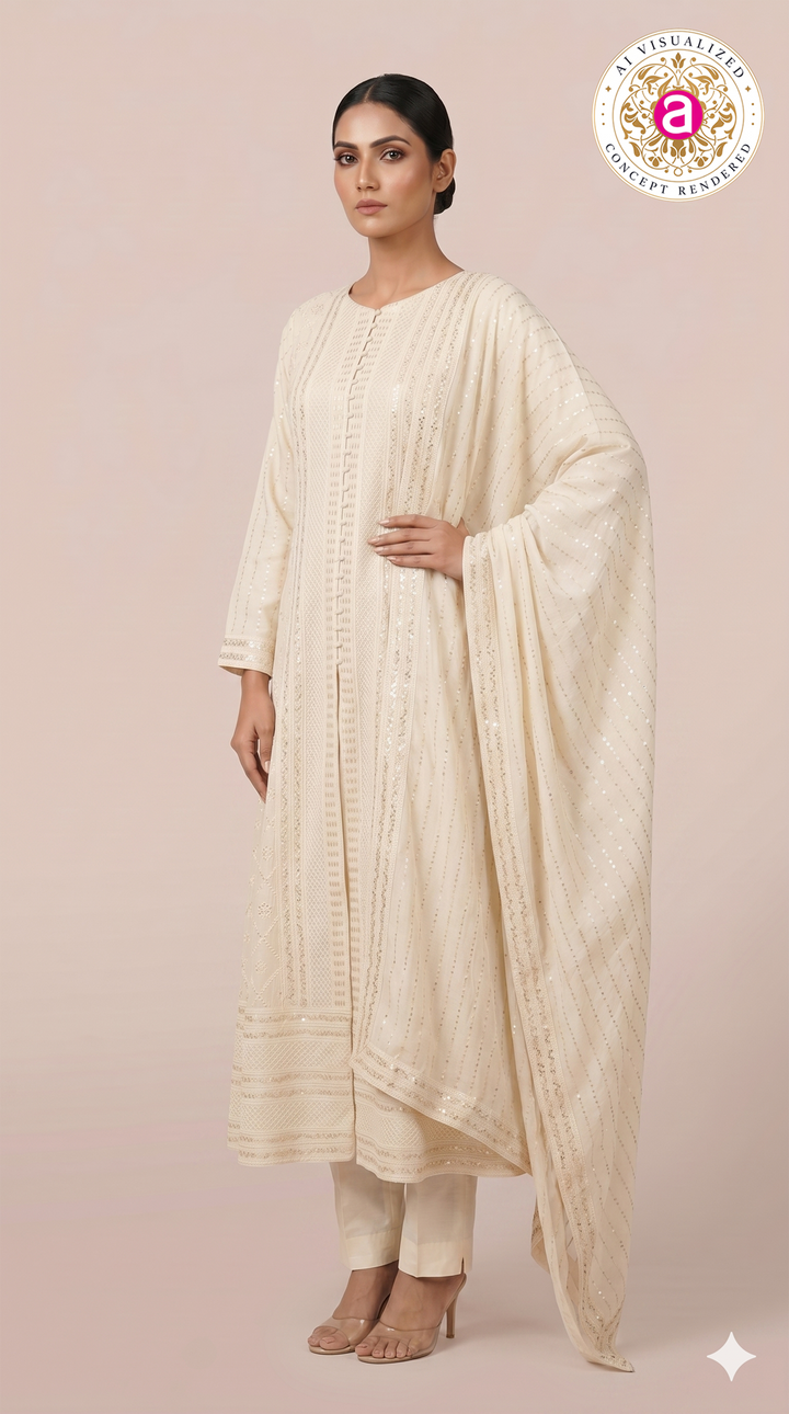 Ivory White Embroidered Straight Kurta Set with Dupatta