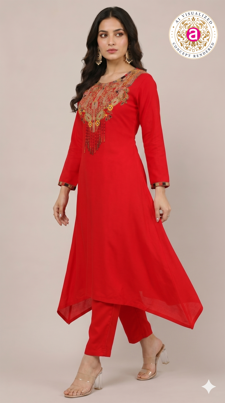 Red Handwork Kurta Pant Set