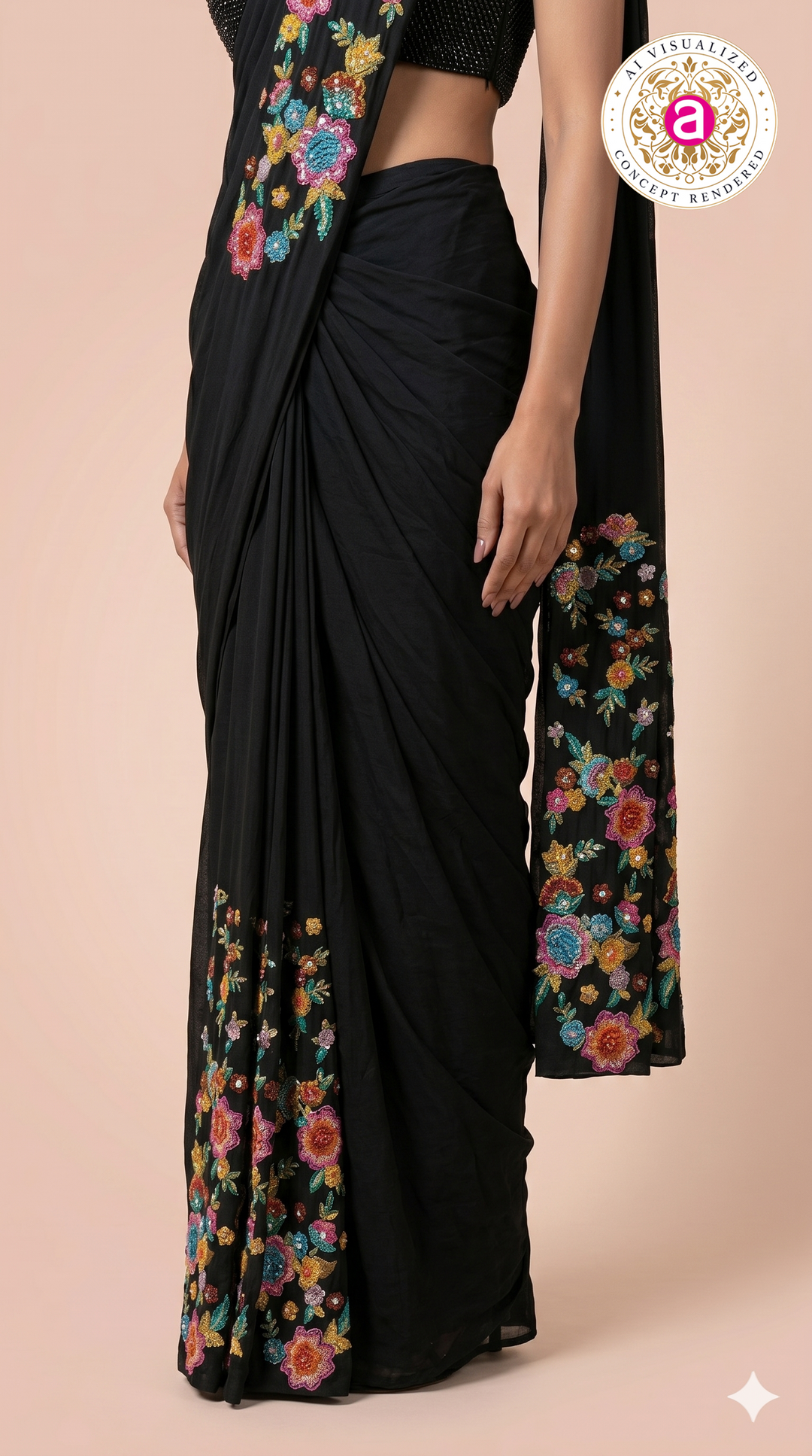 Black Ready to Wear Saree with Floral Embroidered Designer Border