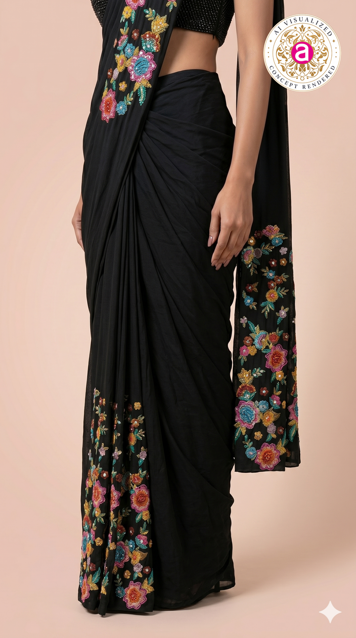 Black Ready to Wear Saree with Floral Embroidered Designer Border