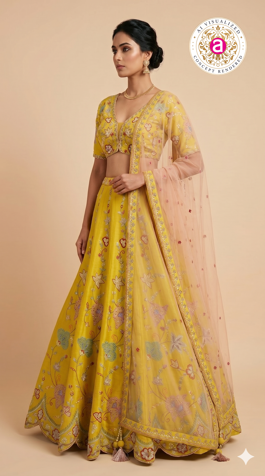 Mustard Yellow Floral Embroidered Designer Lehenga Choli with Net Dupatta