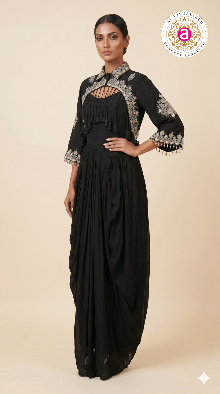 Midnight Black Embroidered Cape Style Draped Dress