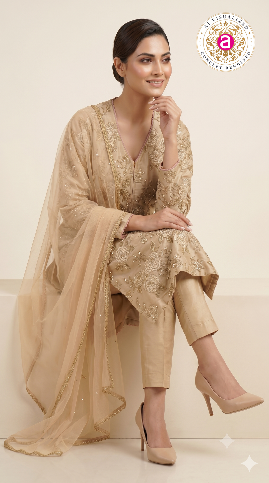 Champagne Gold Floral Embroidered Straight Suit Set