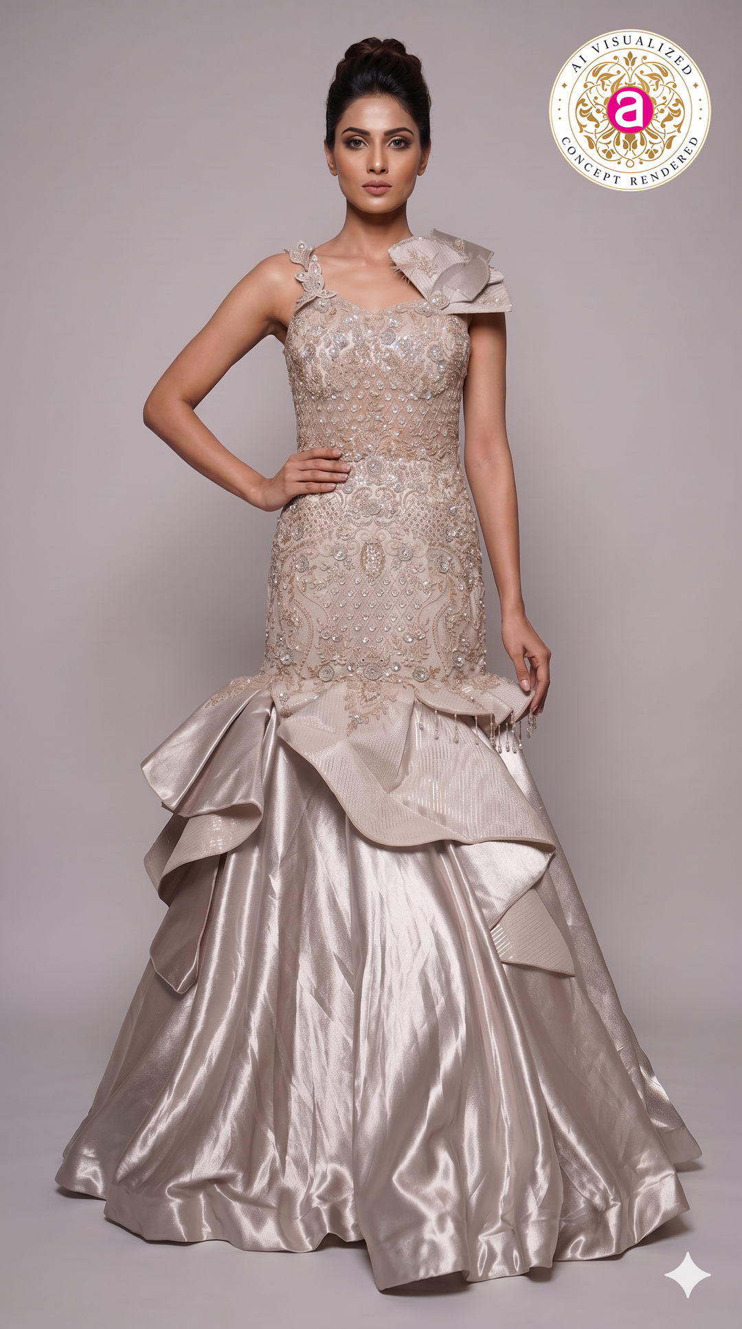 Champagne Beige Embellished Mermaid Gown with Sculpted Ruffle Detailing