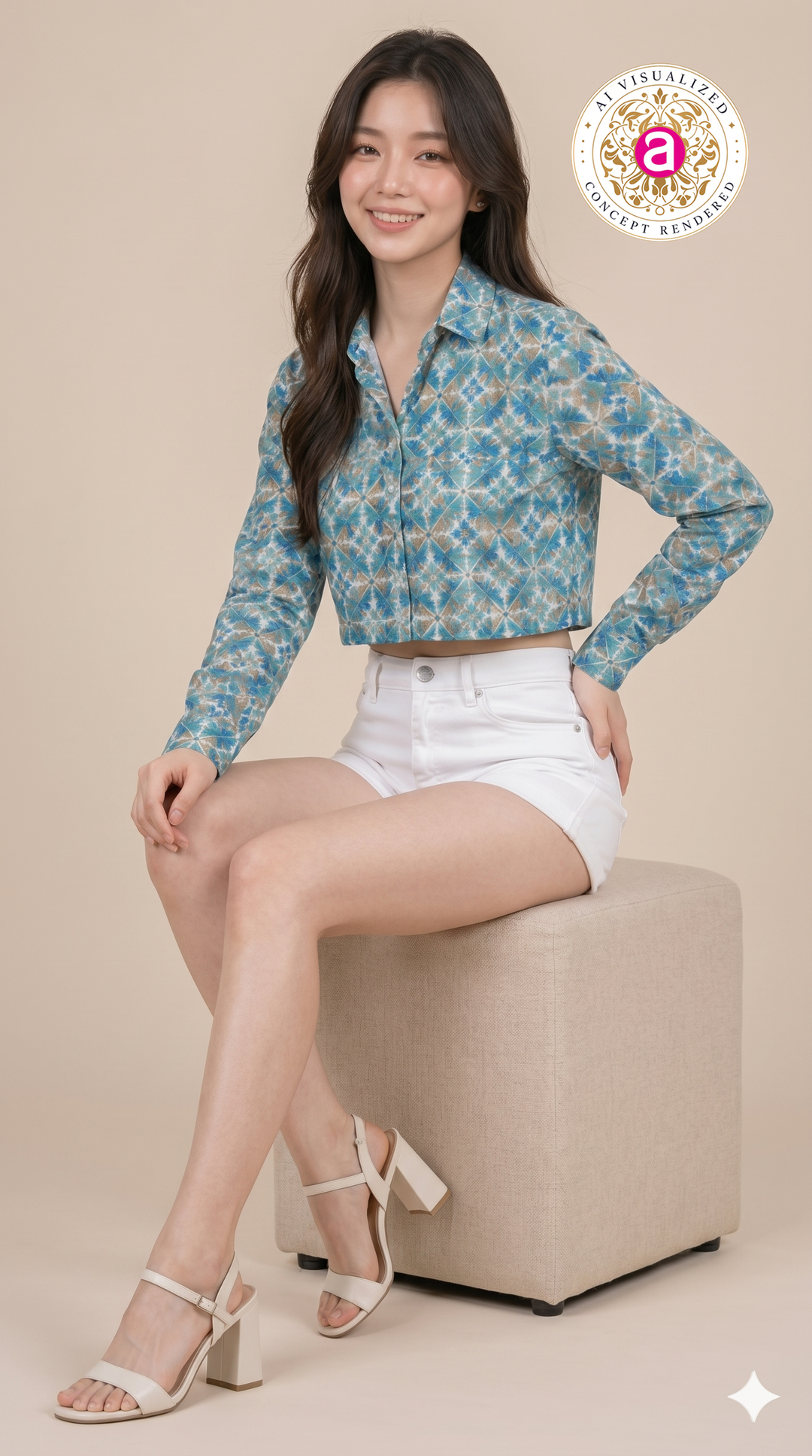 Blue Geometric Printed Crop Shirt Top
