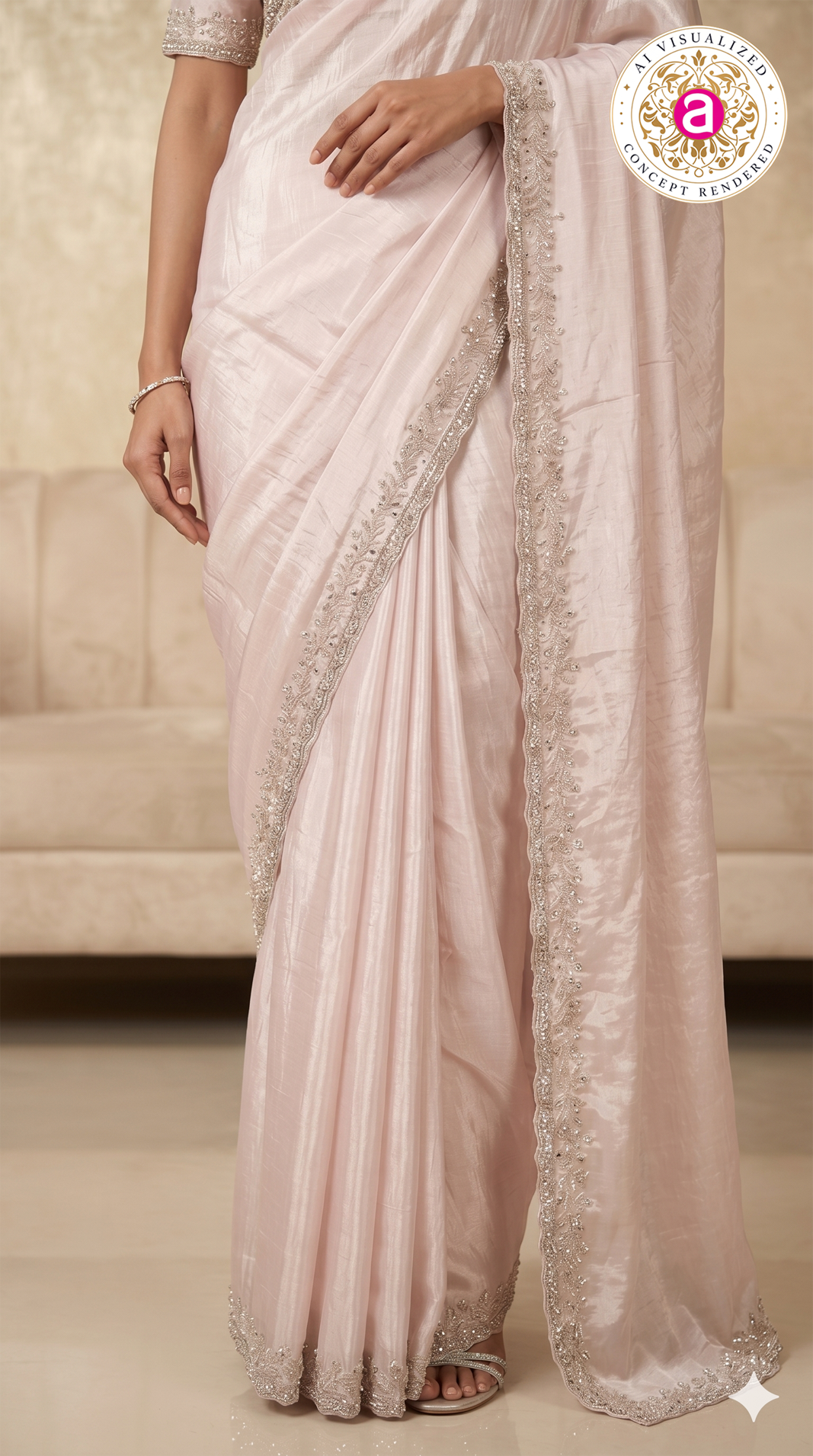 Blush Pink Hand-Embellished Designer Saree with Mirror Work Border