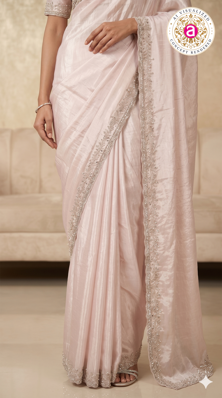 Blush Pink Hand-Embellished Designer Saree with Mirror Work Border