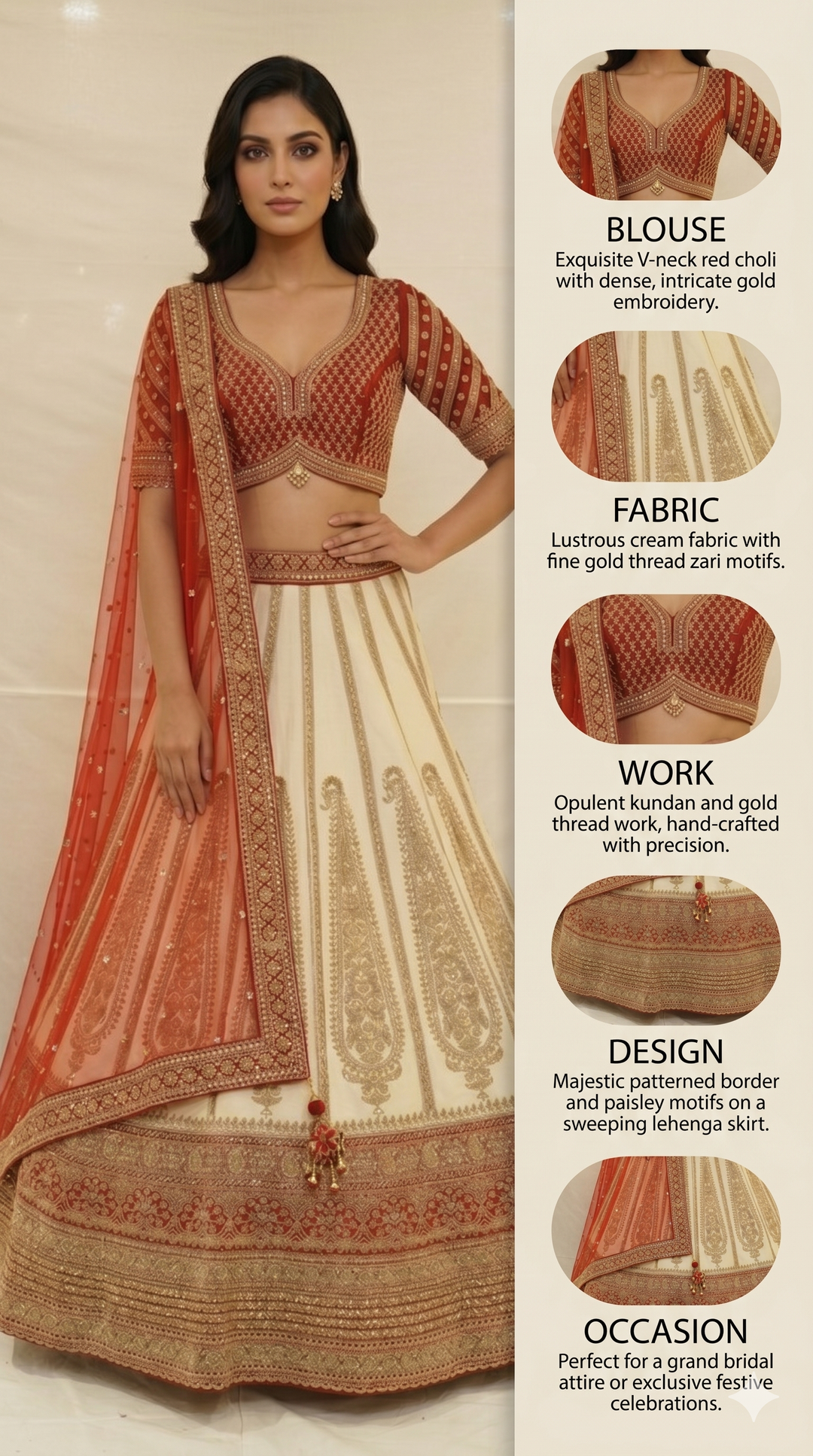 Ivory White & Crimson Red Designer Bridal Lehenga Set with Embroidered Organza Dupatta
