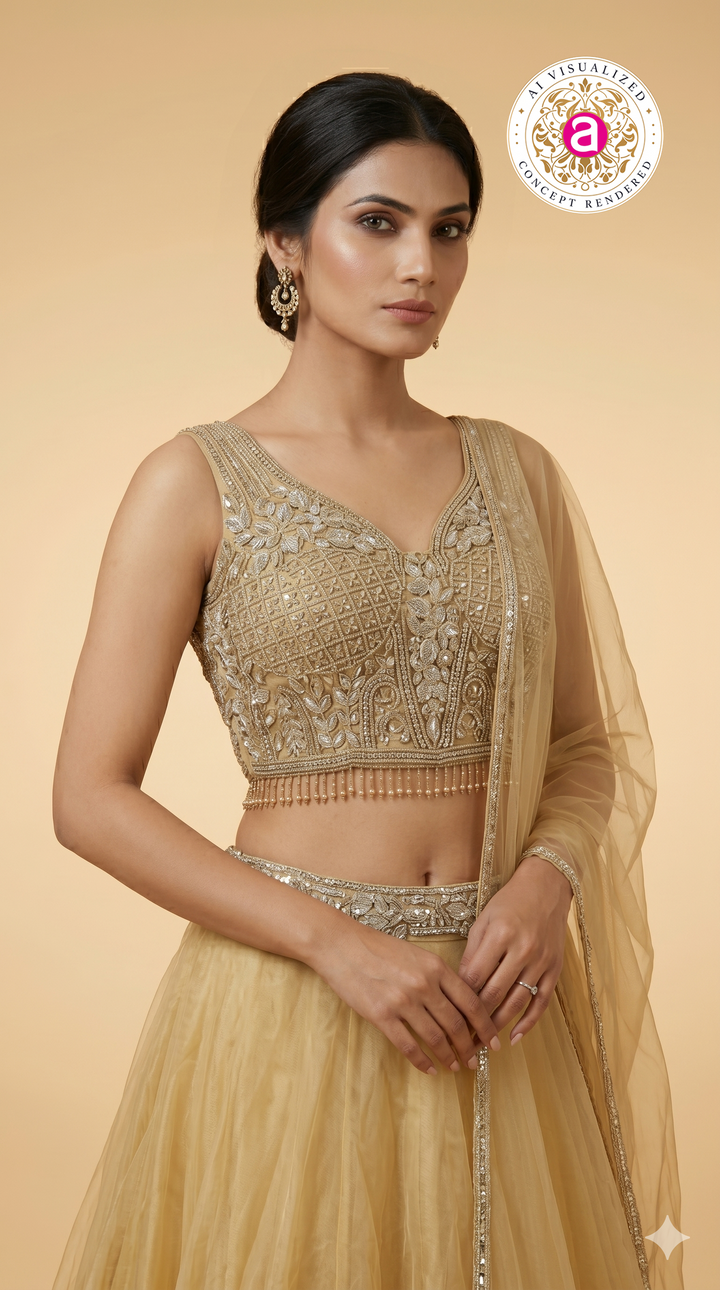 Champagne Gold Designer Lehenga Set with Embellished Blouse & Sheer Organza Dupatta