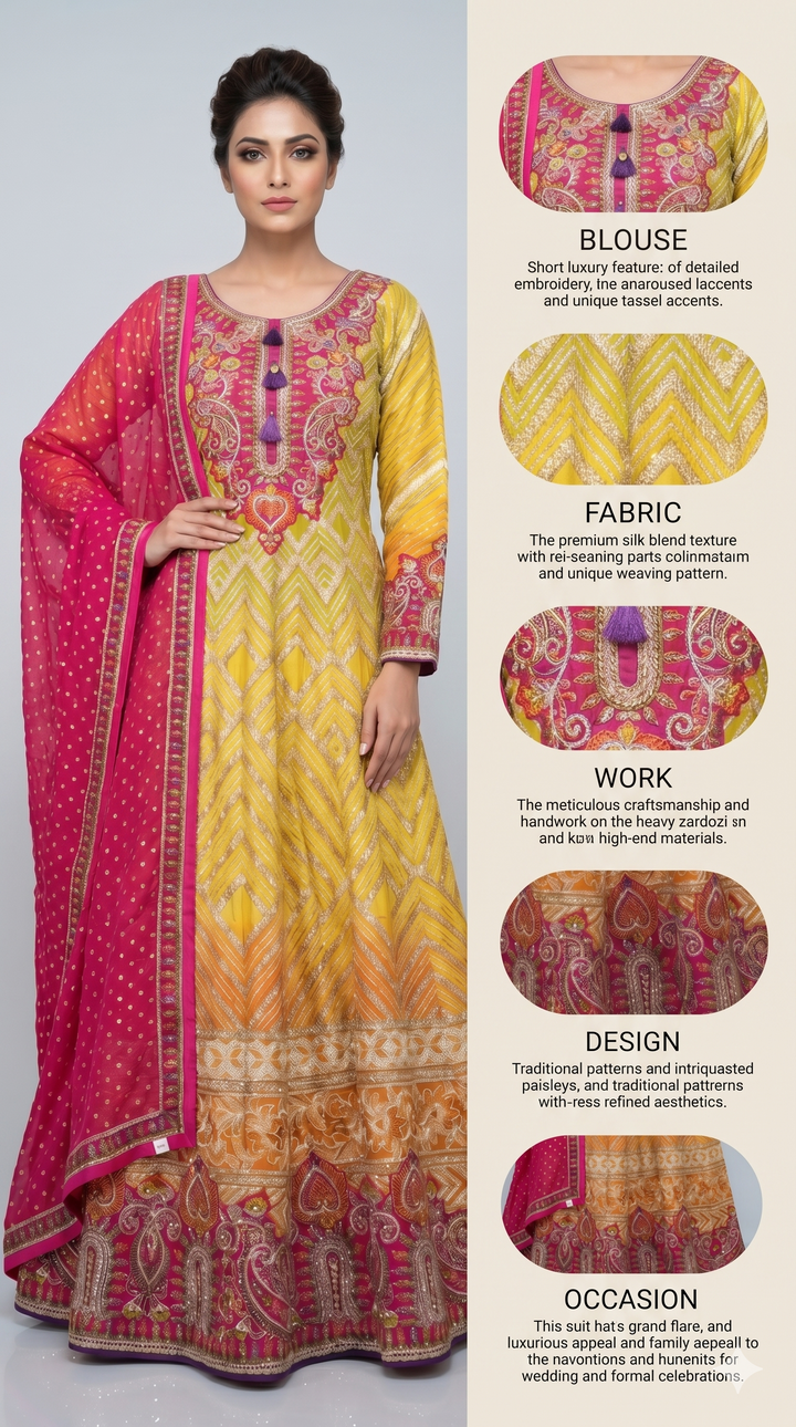 Sunshine Yellow & Rani Pink Embroidered Anarkali Gown with Designer Dupatt