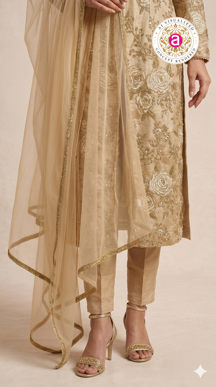 Champagne Beige Floral Embroidered Straight Kurta Set with Organza Dupatta