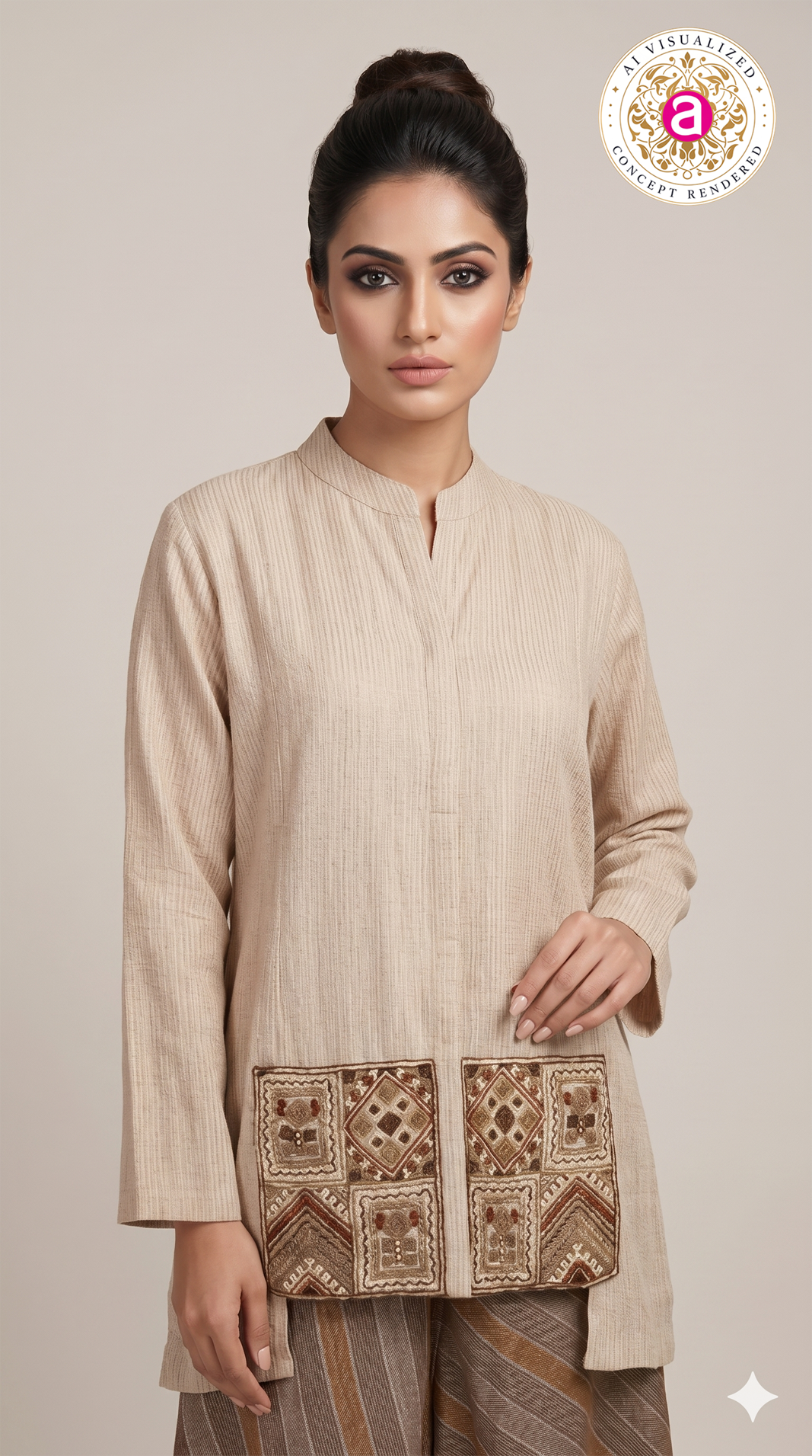 Beige Embroidered Tunic with Striped Palazzo Set
