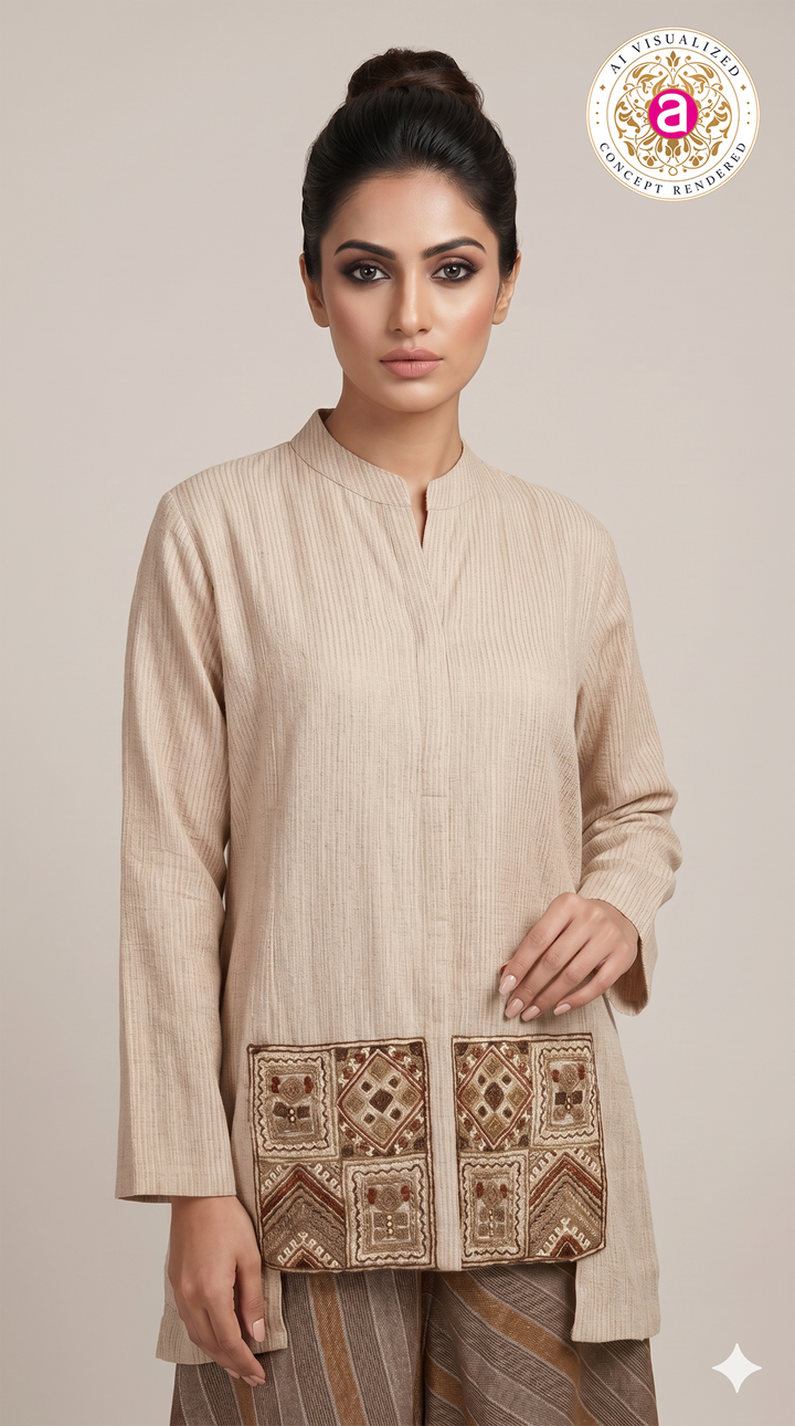 Beige Embroidered Tunic with Striped Palazzo Set