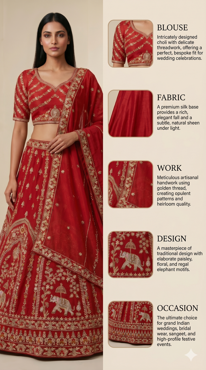 Royal Red Bridal Lehenga Set with Heritage Zari Embroidery & Elephant Motif Border