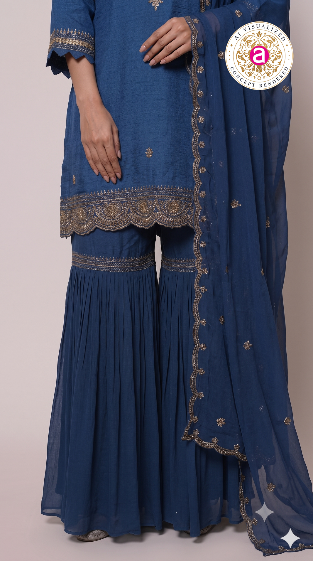 Royal Blue Embroidered Kurta Sharara Set with Dupatta