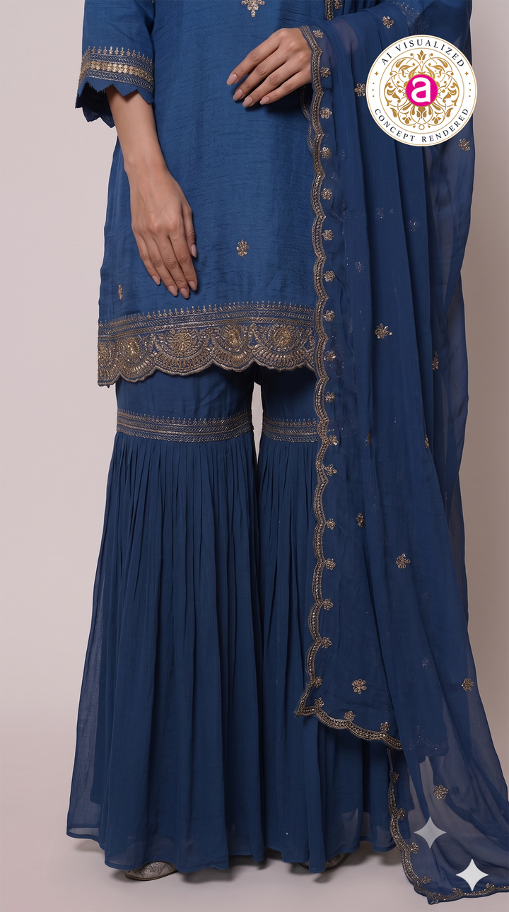 Royal Blue Embroidered Kurta Sharara Set with Dupatta