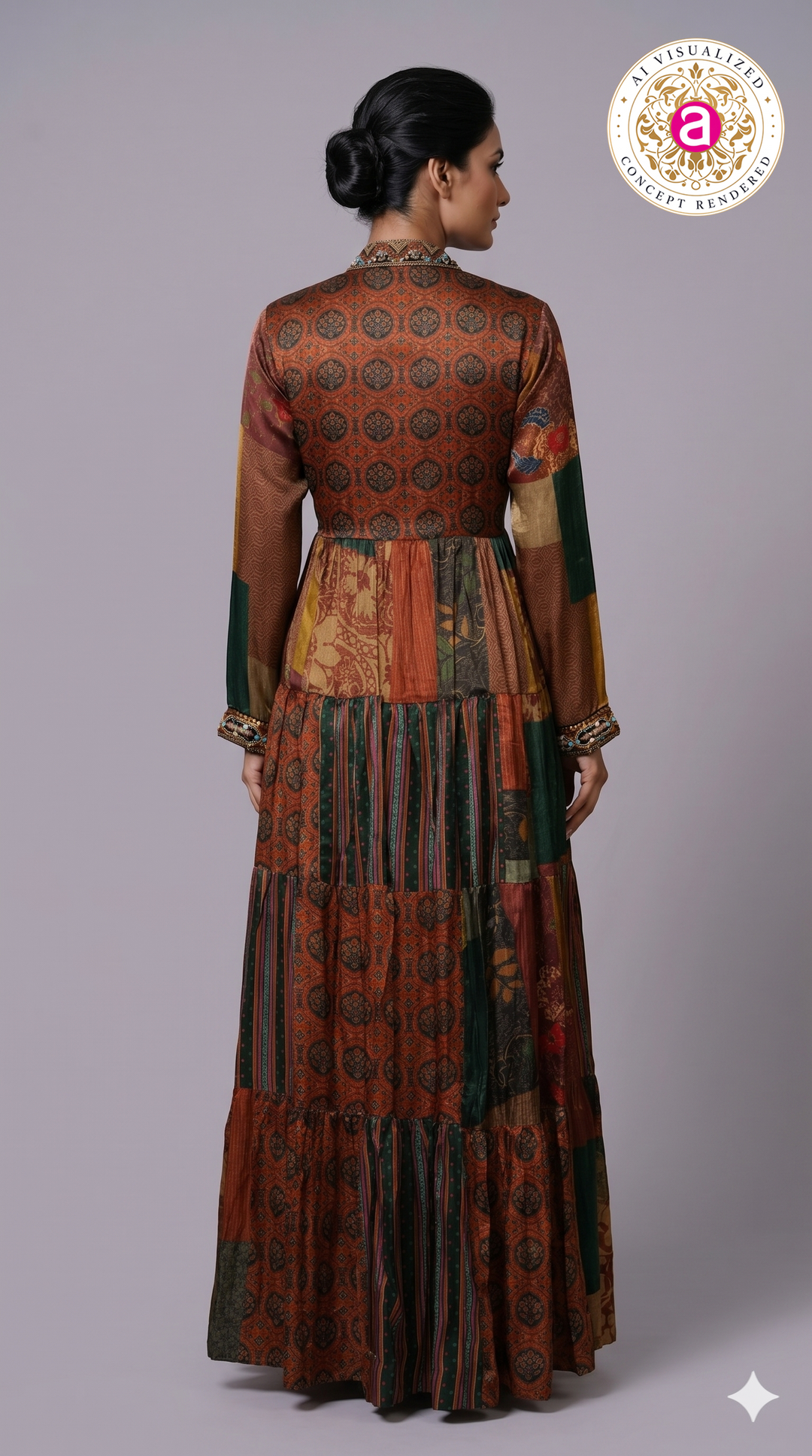 Multicolour Patchwork Printed Tiered Maxi Dress with Statement Embellished Neckline