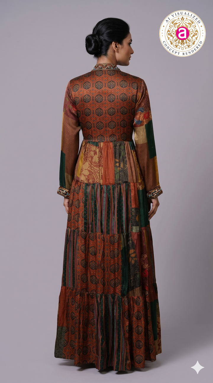 Multicolour Patchwork Printed Tiered Maxi Dress with Statement Embellished Neckline