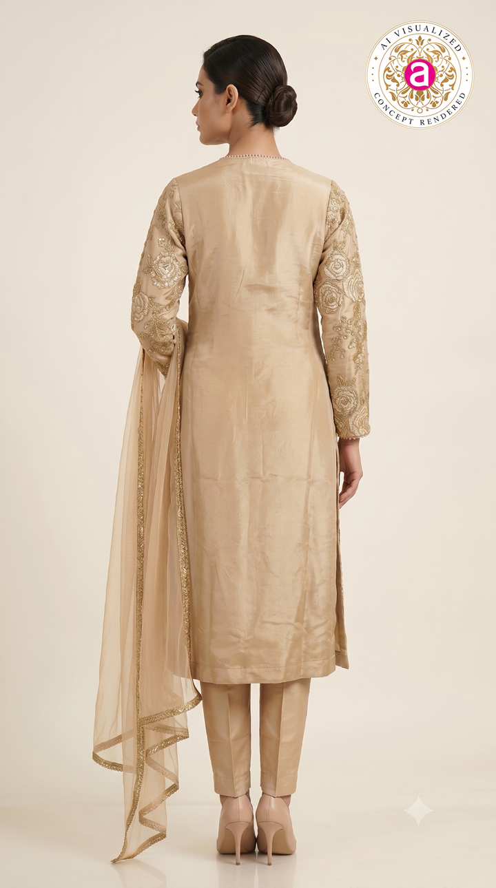 Champagne Gold Floral Embroidered Straight Suit Set