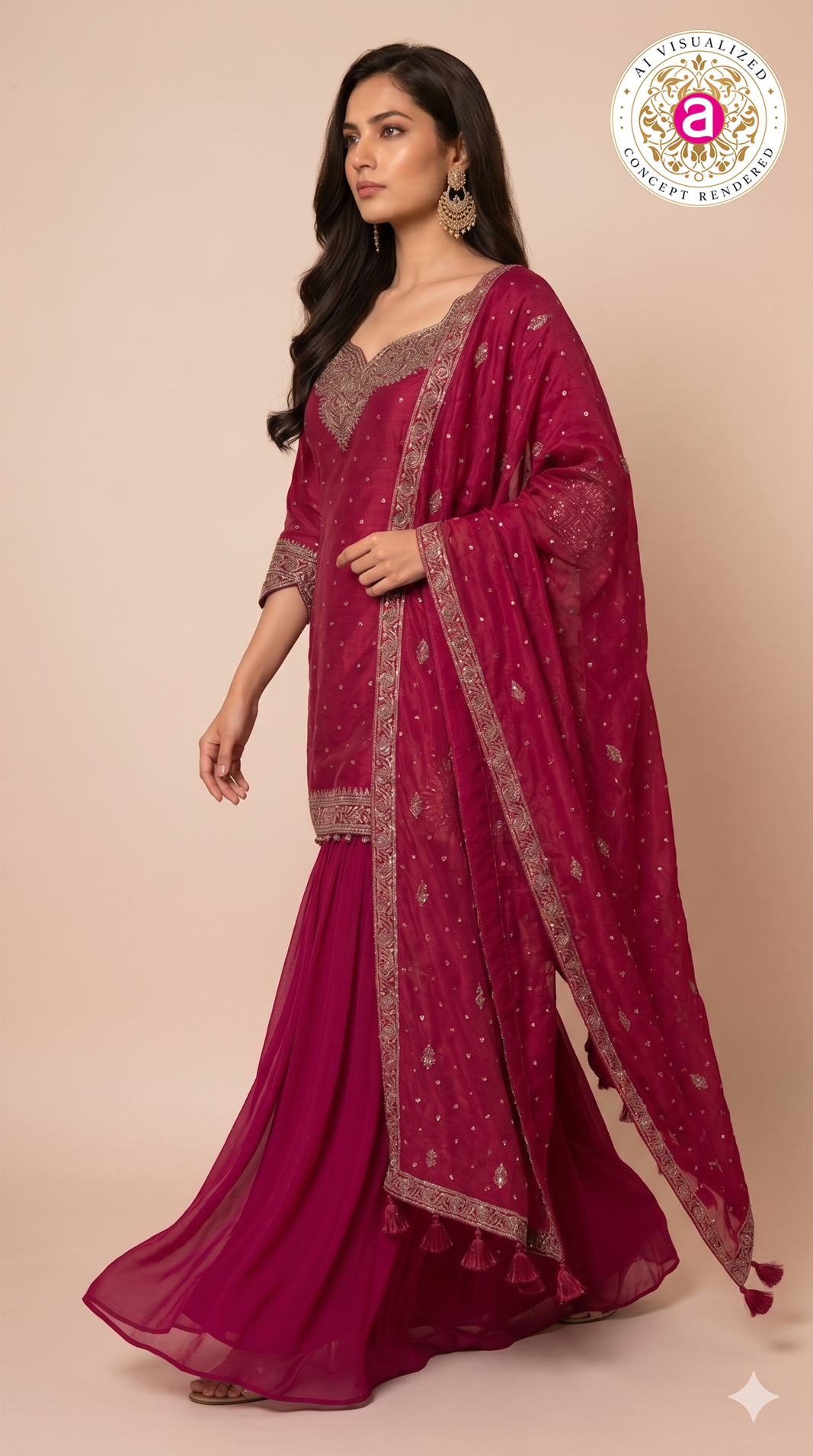 Fuchsia Pink Embroidered Kurta Sharara Set with Dupatta