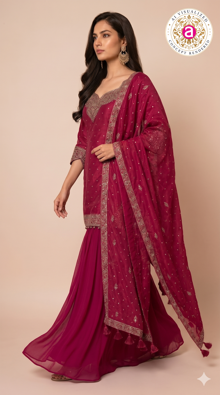 Fuchsia Pink Embroidered Kurta Sharara Set with Dupatta