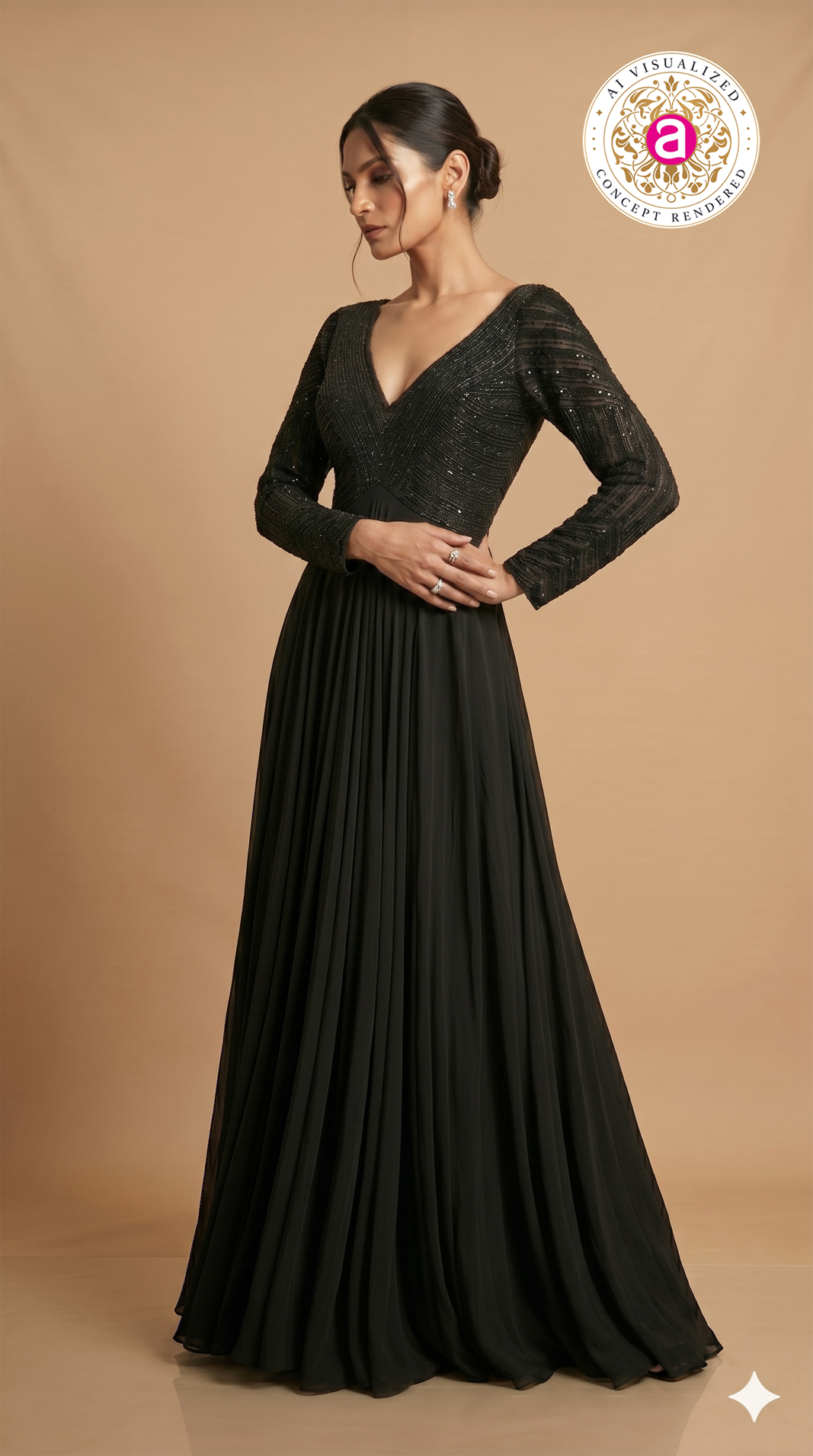 Midnight Black Hand Embellished Evening Gown