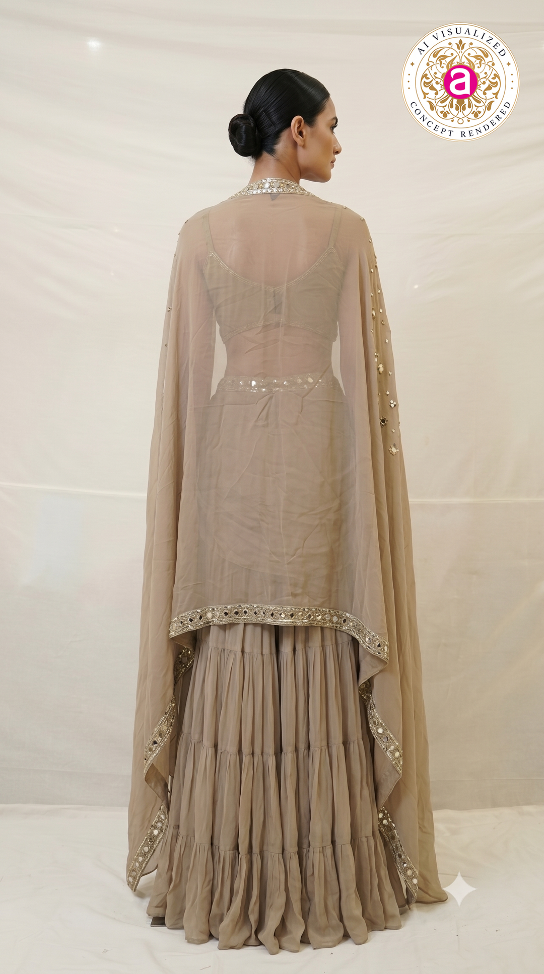Taupe Mirror Embellished Ready-to-Wear Saree with Cape Dupatta