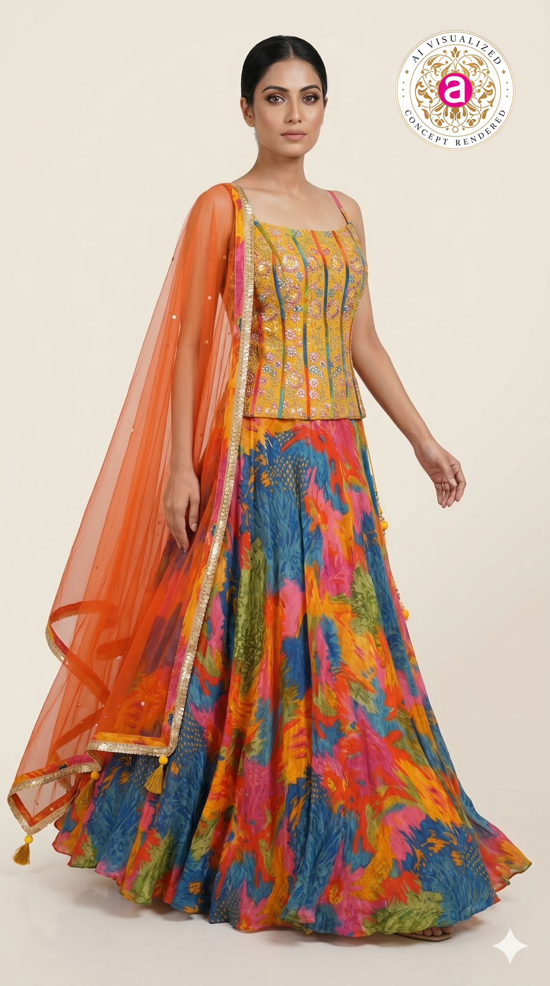 Abstract Multicolor Printed Lehenga Set with Embroidered Bustier & Orange Dupatta