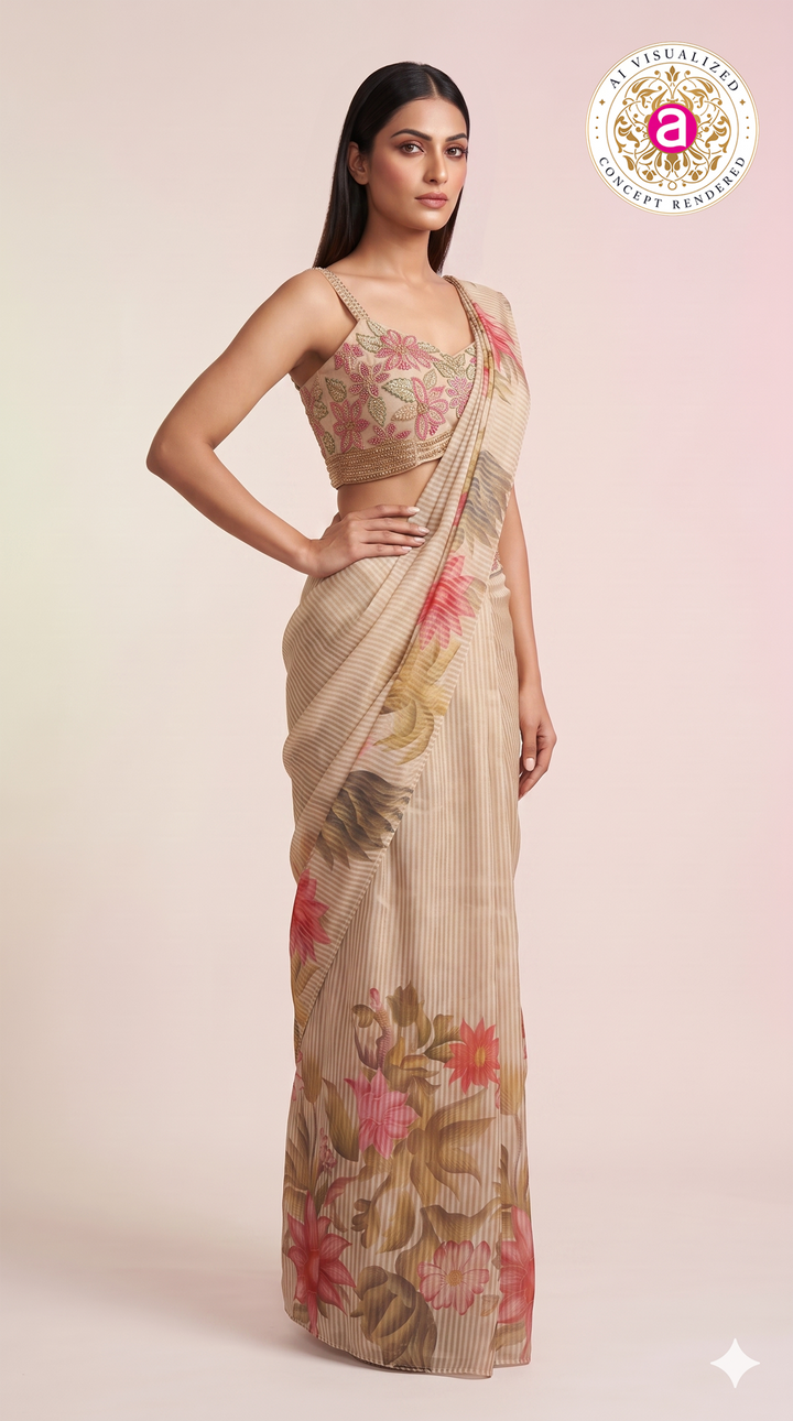Beige Floral Ready-to-Wear Saree with Embroidered Blouse