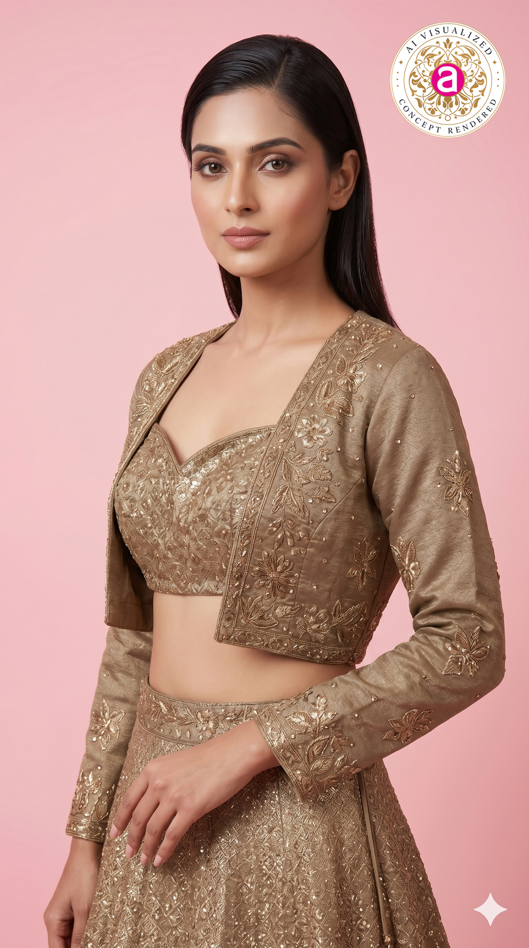 Champagne Gold Embroidered Lehenga Set with Designer Jacket