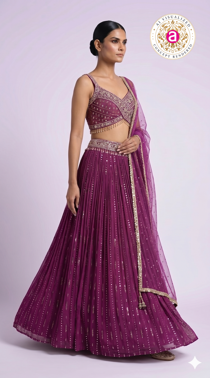 Deep Wine Pleated Lehenga Choli with Embellished Cross Blouse & Sheer Dupatta