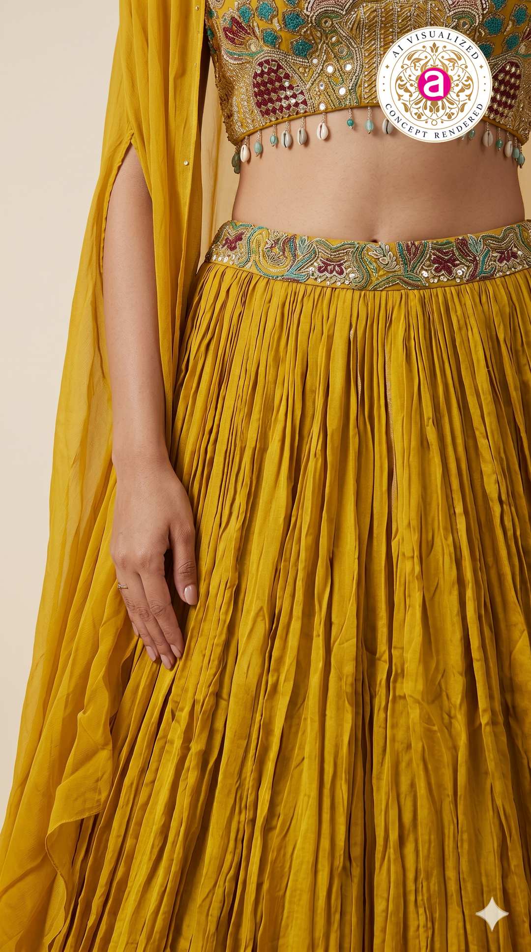 Mustard Yellow Embroidered Lehenga Set with Cape Sleeves & Choker Detail
