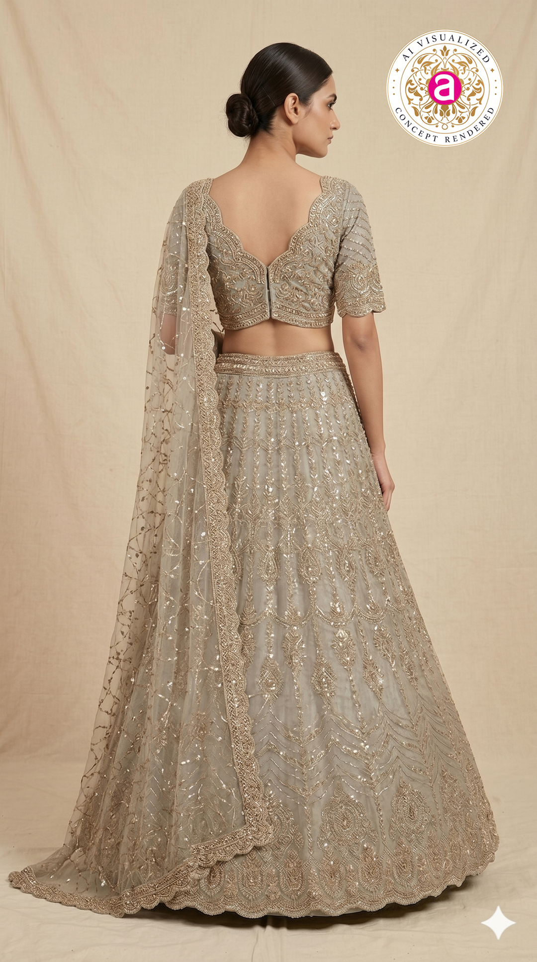 Champagne Beige Designer Lehenga Set with Sequin Embroidery & Embellished Net Dupatta