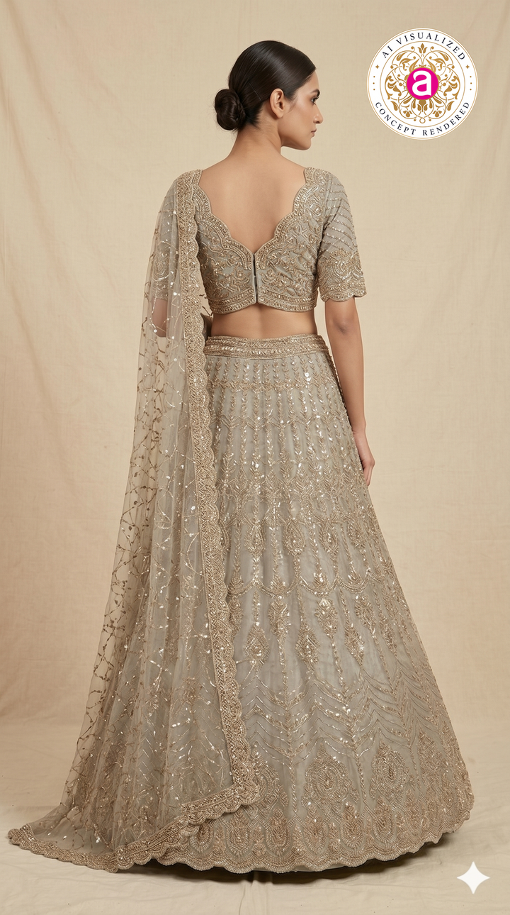 Champagne Beige Designer Lehenga Set with Sequin Embroidery & Embellished Net Dupatta
