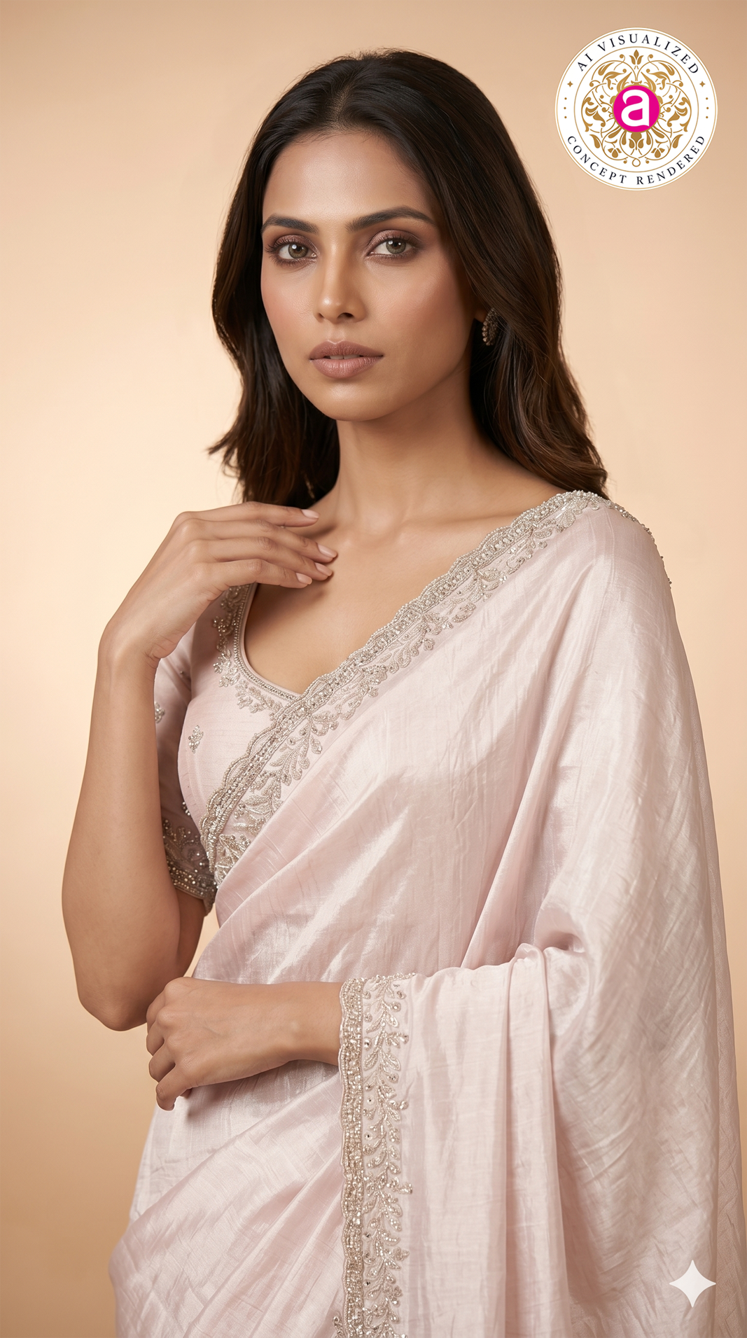 Blush Pink Hand-Embellished Designer Saree with Mirror Work Border