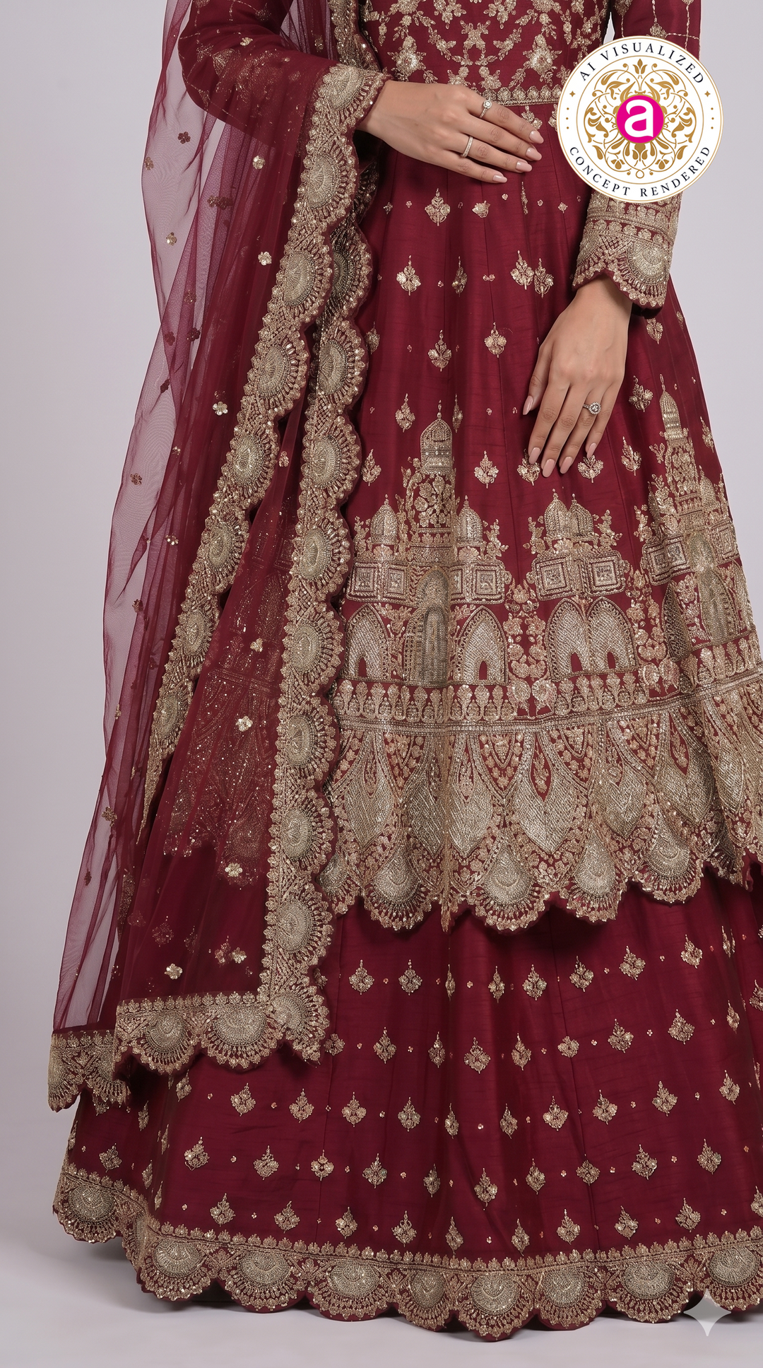 Wine Maroon Embroidered Anarkali Gown Set with Net Dupatta