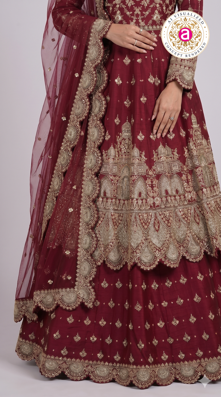 Wine Maroon Embroidered Anarkali Gown Set with Net Dupatta