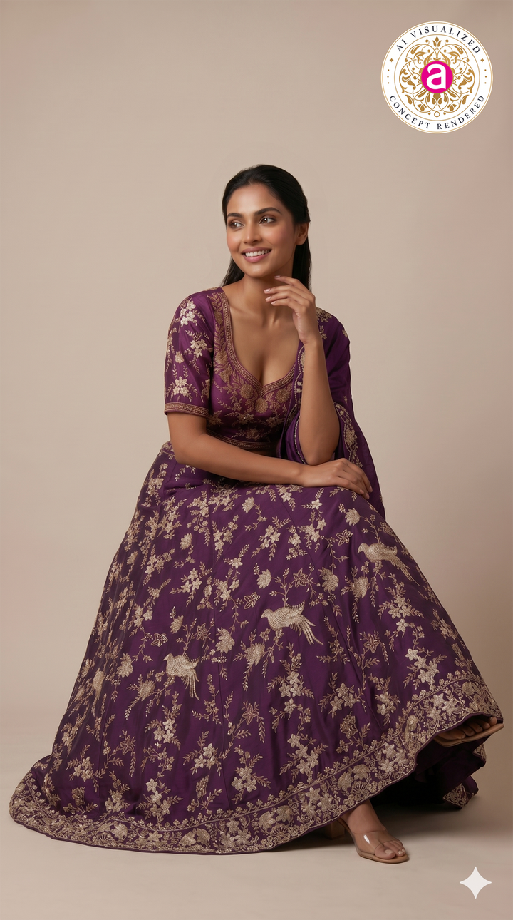 Royal Purple Embroidered Designer Lehenga Set with Floral & Bird Zari Work