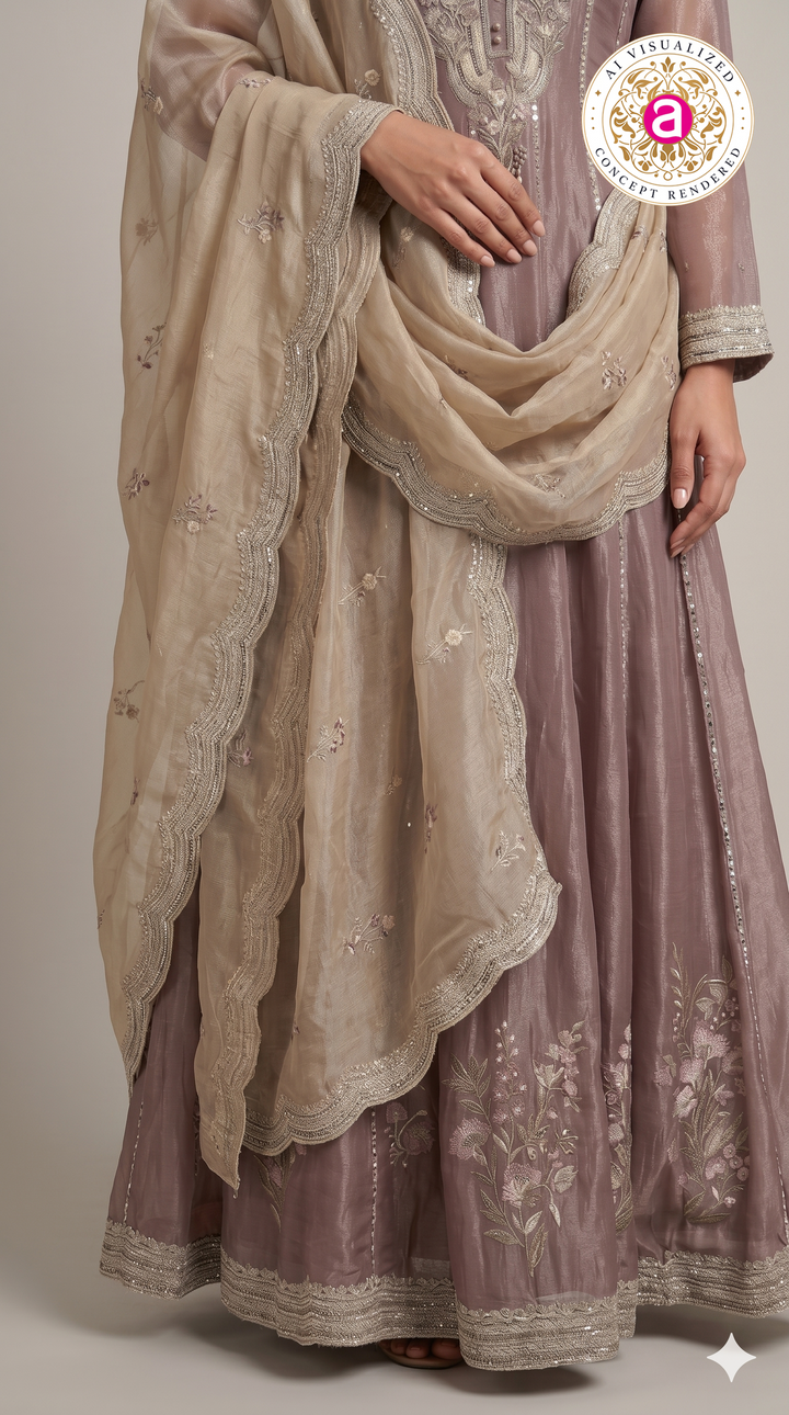 Dusty Mauve Embroidered Anarkali Kurta Set with Palazzo & Organza Dupatta