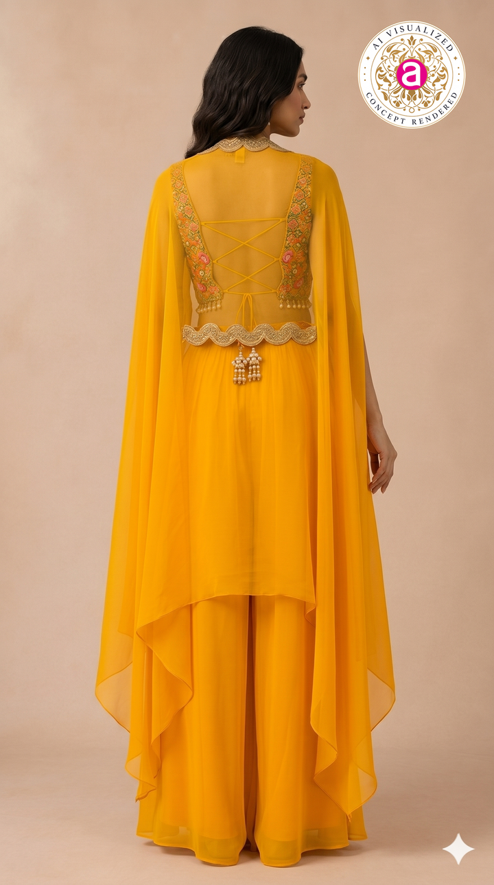 Sunshine Yellow Cape Palazzo Set with Multicolour Embroidered Blouse