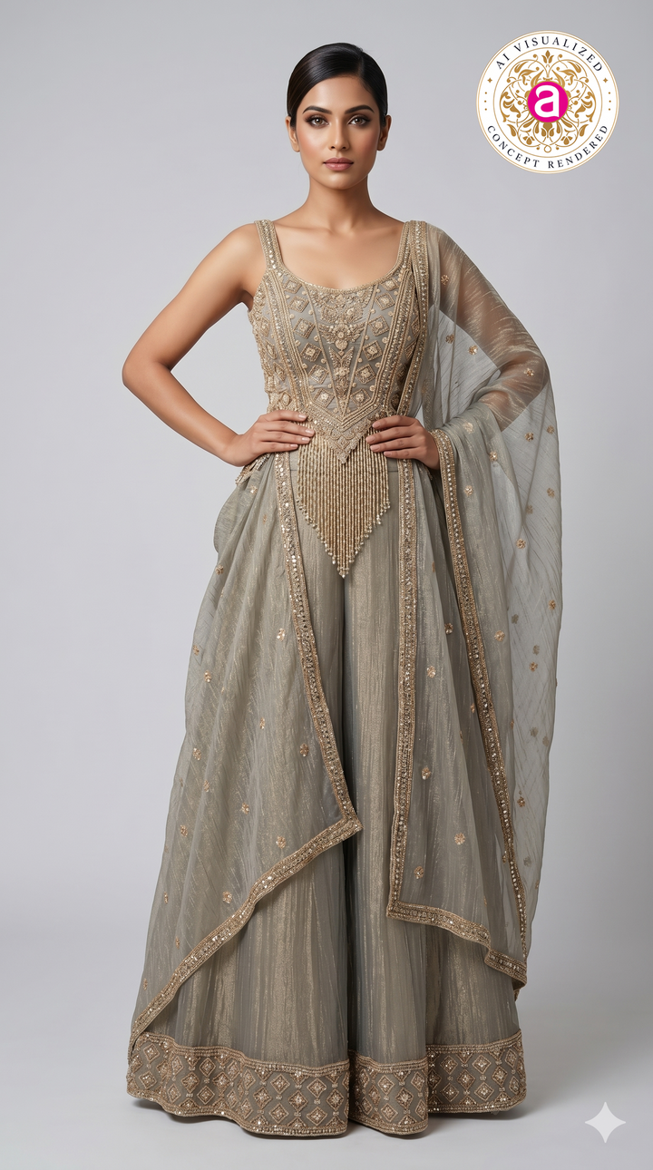 Smoke Grey Embellished Palazzo Set with Handcrafted Bodice & Organza Dupatta