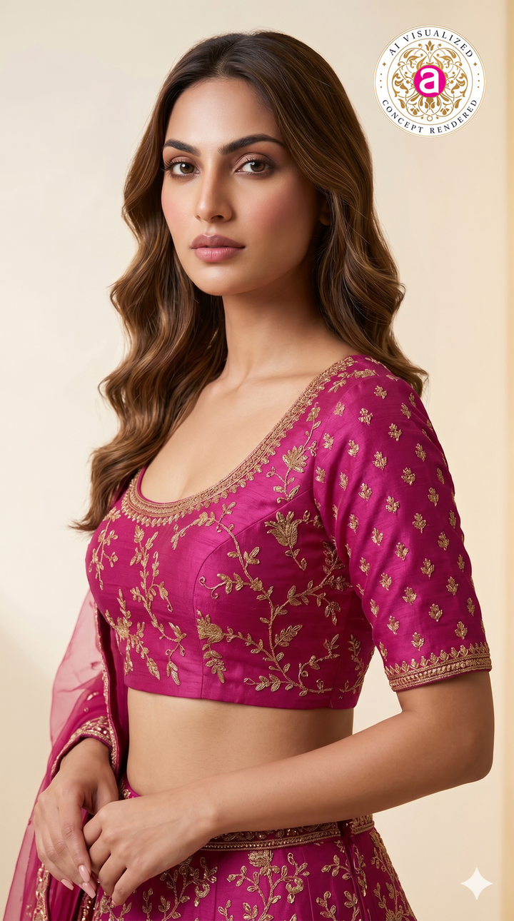 Magenta Pink Designer Bridal Lehenga Set with Heavy Zari Embroidery & Net Dupatta