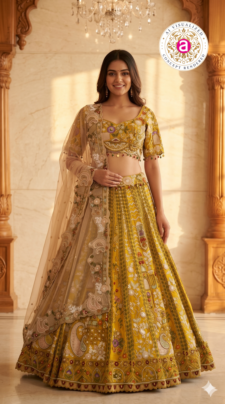 Mustard Yellow Designer Lehenga Set with Embroidered Blouse and Net Dupatta