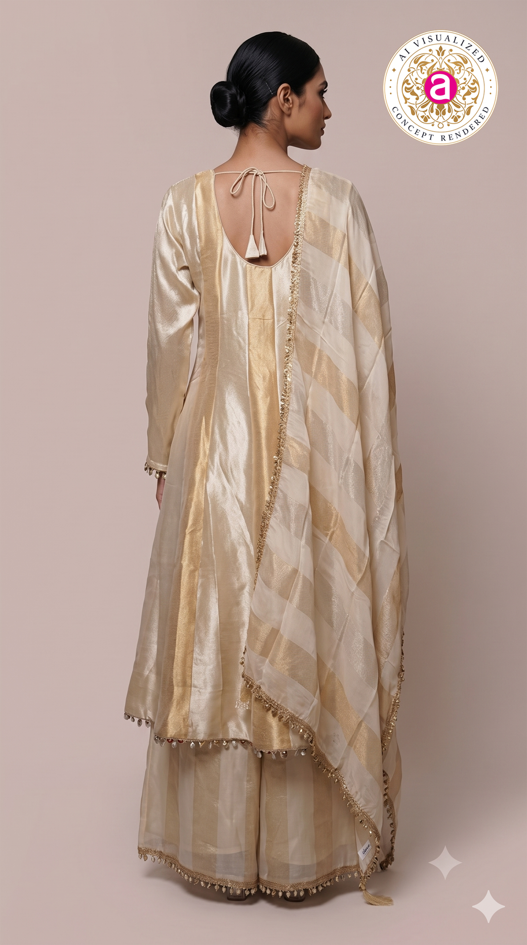 Champagne Gold Kurta Palazzo Set with Striped Dupatta