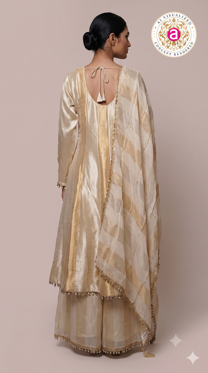 Champagne Gold Kurta Palazzo Set with Striped Dupatta
