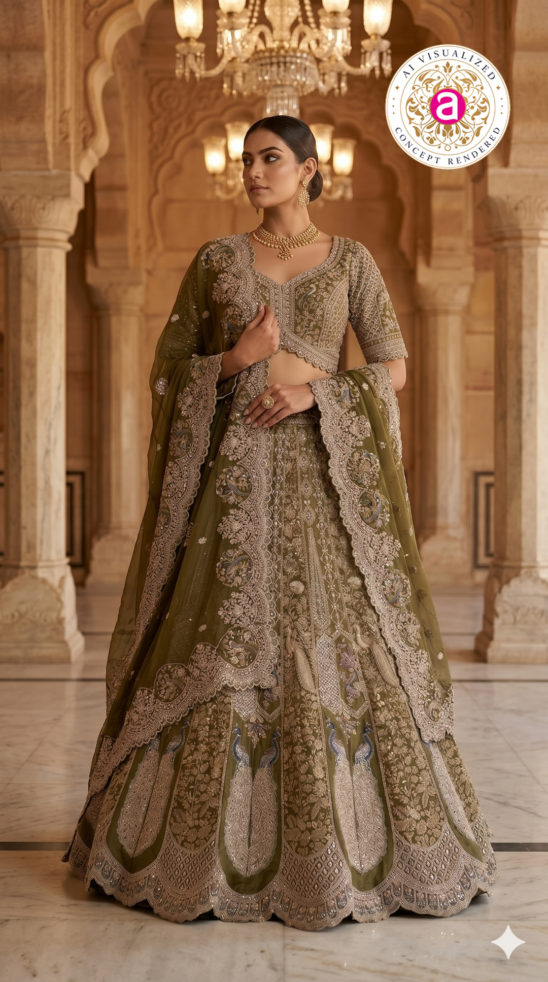 Olive Green Designer Bridal Lehenga Set with Heavy Embroidery & Elegant Dupatta