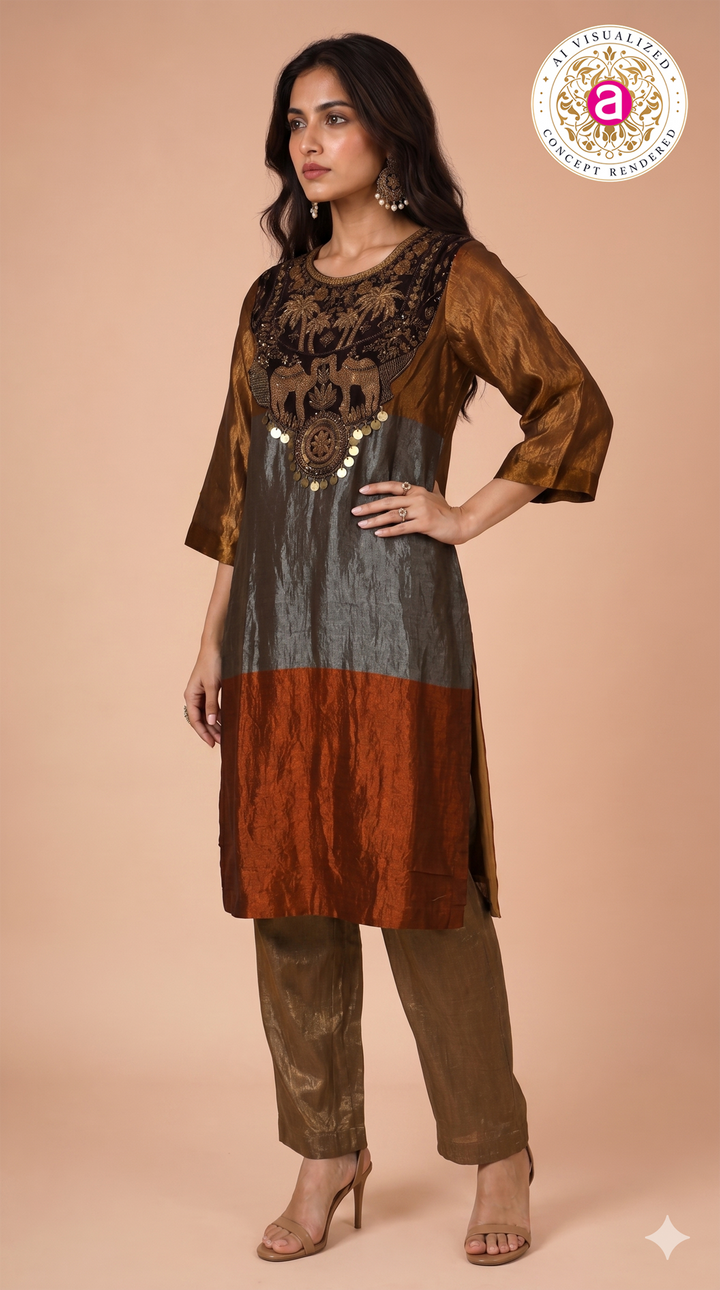 Rust Brown Embroidered Designer Kurta Pant Set