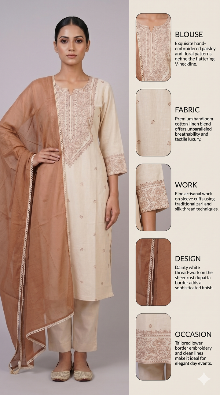Ivory Embroidered Kurta Pant Set with Dupatta