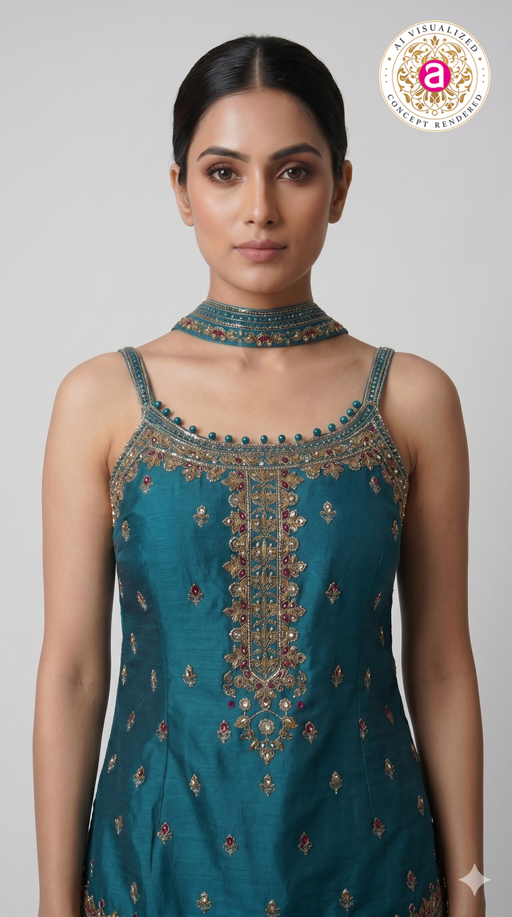 Teal Blue Embroidered Designer Palazzo Set