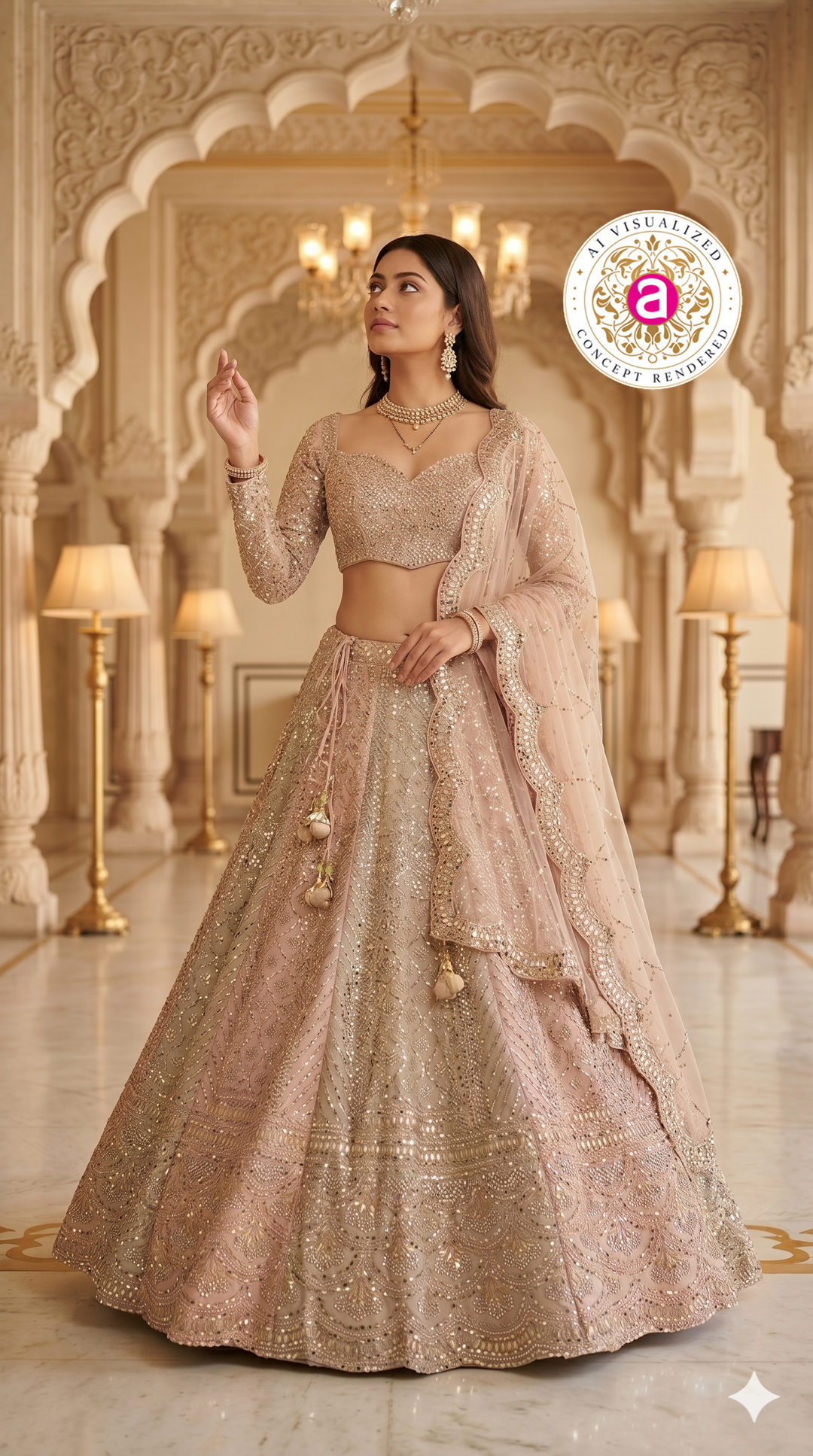 Blush Beige Designer Lehenga Set with Embellished Blouse and Net Dupatta